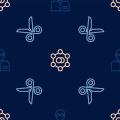 Set line Teacher, Scissors and Molecule on seamless pattern. Vector