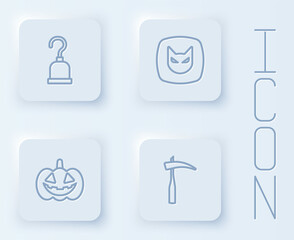 Set line Pirate hook, Black cat, Pumpkin and Scythe. White square button. Vector