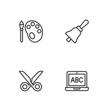 Set line Laptop, Scissors, Paint brush with palette and Ringing bell icon. Vector
