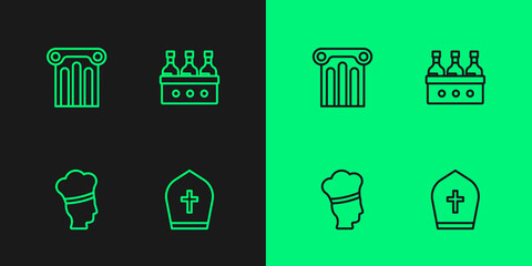 Set line Pope hat, Italian cook, Ancient column and Bottles of wine icon. Vector