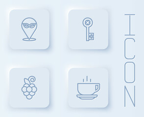 Set line Carnival mask, Old key, Grape fruit and Coffee cup. White square button. Vector