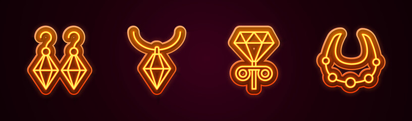 Set line Earrings, Pendant on necklace, Stud earrings and Necklace. Glowing neon icon. Vector