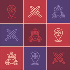 Fototapeta premium Set line Crusade, Princess or queen and Crossed medieval sword icon. Vector