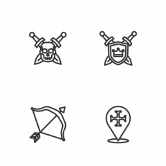 Set line Crusade, Medieval bow and arrow, Skull with sword and Shield swords icon. Vector