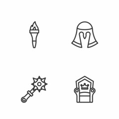 Set line Medieval throne, Mace with spikes, Torch flame and helmet icon. Vector