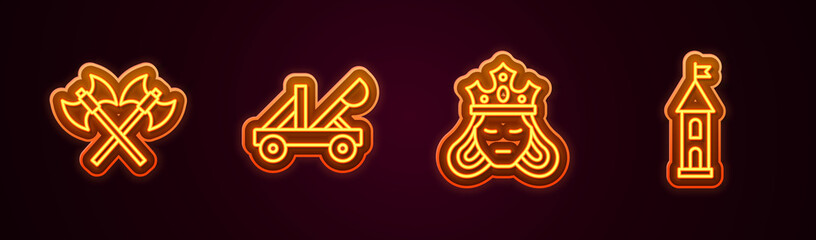 Set line Crossed medieval axes, Medieval catapult, Princess or queen and Castle tower. Glowing neon icon. Vector