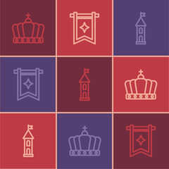 Set line King crown, Castle tower and Medieval flag icon. Vector