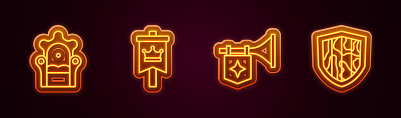 Set line Medieval throne, flag, Trumpet with and Shield. Glowing neon icon. Vector