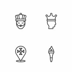 Set line Torch flame, Crusade, King with crown and icon. Vector
