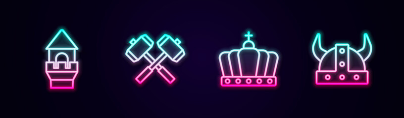 Obraz premium Set line Castle tower, Crossed battle hammers, King crown and Viking horned helmet. Glowing neon icon. Vector