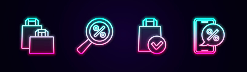 Set line Paper shopping bag, Magnifying glass with percent, and Percent discount on phone. Glowing neon icon. Vector