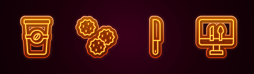 Fototapeta premium Set line Coffee cup to go, Cookie or biscuit, Knife and Online ordering food. Glowing neon icon. Vector