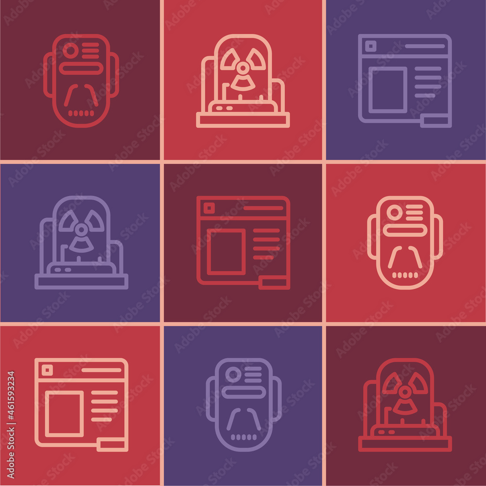 Poster set line artificial intelligence robot, browser window and radioactive warning lamp icon. vector