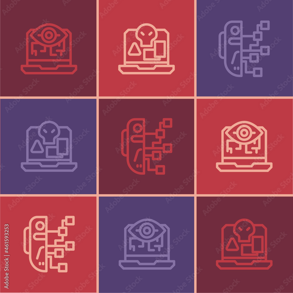Poster set line computer vision, humanoid robot and internet piracy icon. vector