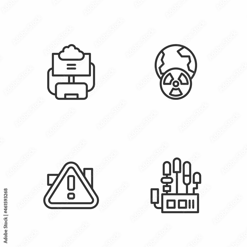 Poster set line mechanical robot hand, exclamation mark in triangle, cloud database and planet earth radiat
