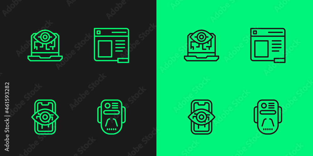Poster set line artificial intelligence robot, computer vision, and browser window icon. vector