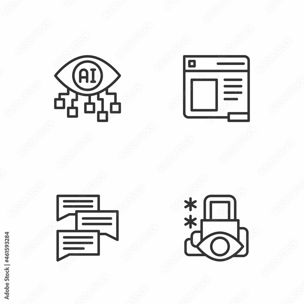 Poster set line cyber security, speech bubble chat, computer vision and browser window icon. vector