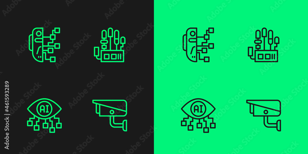 Poster set line security camera, computer vision, humanoid robot and mechanical hand icon. vector