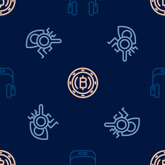 Set line Headphones, Eye scan and Cryptocurrency coin Bitcoin on seamless pattern. Vector