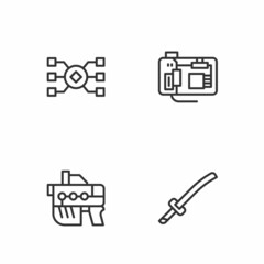 Set line Katana, Futuristic weapon, Neural network and Motherboard icon. Vector