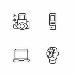 Set line Smart glasses on spectacles, Laptop, Cyber security and USB flash drive icon. Vector