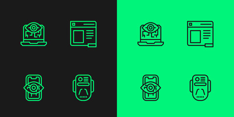 Set line Artificial intelligence robot, Computer vision, and Browser window icon. Vector
