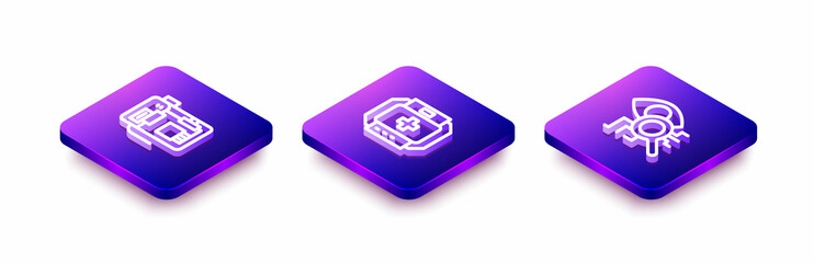 Set Isometric line Motherboard, First aid kit and Eye scan icon. Vector