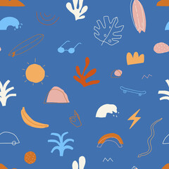 Contemporary summer seamless pattern with abstract shapes, floral and freehand draw elements. Skate and surf funky print. Vector illustration