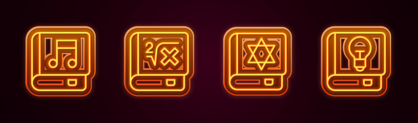 Set line Audio book, Book with mathematics, Jewish torah and User manual. Glowing neon icon. Vector