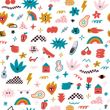 Funny and joyful contemporary pattern with animals, trippy characters and raw shape objects. Vector illustration
