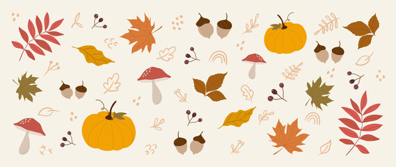 Cute autumn background vector. Autumn shopping event illustration wallpaper with hand drawn icons set. This design good for banner, sale poster, packaging background and greeting c