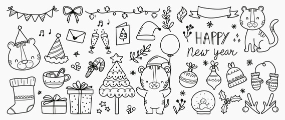 Happy new year cute doodle vector set. Tiger year hand drawn design with , love, floral, birds, Christmas tree , firework, balloon, penguin, rainbow, winter hats, sock, gloves, gifts and star. EPS10.