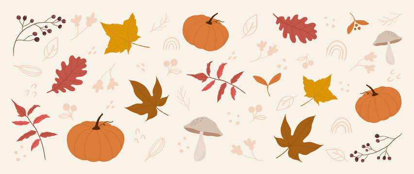 Cute autumn background vector. Autumn shopping event illustration wallpaper with hand drawn icons set. This design good for banner, sale poster, packaging background and greeting c