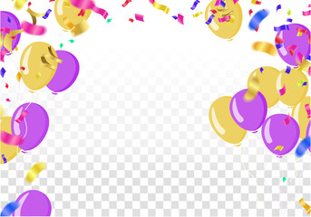 Colorful balloons purple and goldwith triangular party flags, confetti and paper streamers Place for your text. Design