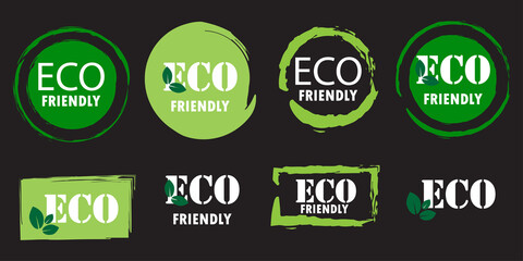 Eco friendly emblem. Vegan food. Black background. Premium quality. Healthy organic. Vector illustration. Stock image.