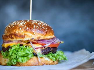 hamburger on a wooden table