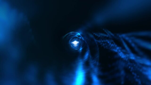 Abstract Loop dark blue dots mesh digital futuristic glowing flying lines motion and illuminated light digital effect in tunnel. Futuristic neon background, ultra violet glowing lines, laser rays, spe