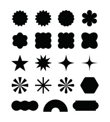 A set of various shapes icon illustrations. Black silhouette graphics in the form of polygons, stars, geometry, labels, flowers, hexagons.