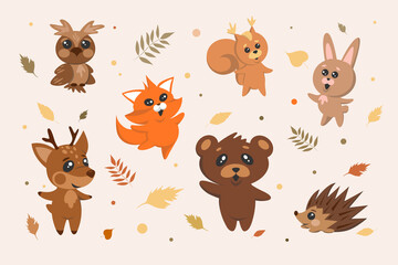 A collection of cute, forest animals and leaves. Squirrel,hare,hedgehog,bear, owl, deer, fox. vector graphics, for web design, products, book illustrations, to create an autumn or forest mood.