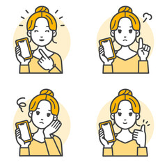 スマホを持って案内するシンプルなベクターイラストの若い女性の喜怒哀楽感情