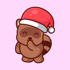 cute tanuki wearing christmas hat,