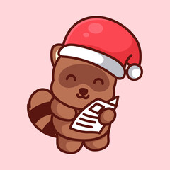 cute tanuki wearing christmas hat,