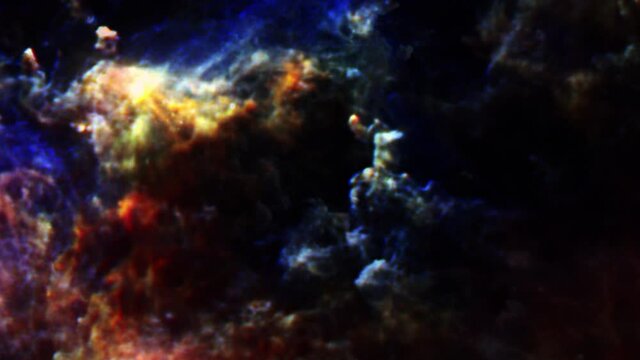 Seamless loop space travel through grunge dark orange blue cloud Nebula galaxy exploration through outer space towards glowing milky way galaxy. 4K looping animation of flying through glowing dark clo