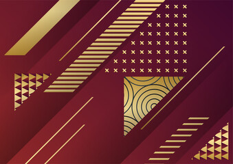 Abstract Dark Background with Geometric Shape and Golden Element Combination. Red and gold background with luxury golden lines
