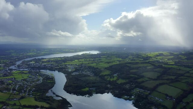Killaloe, County Clare, Ireland, September 2021. Drone slowly tracks parallel to the town while looking south from Carrowgar Bay.
