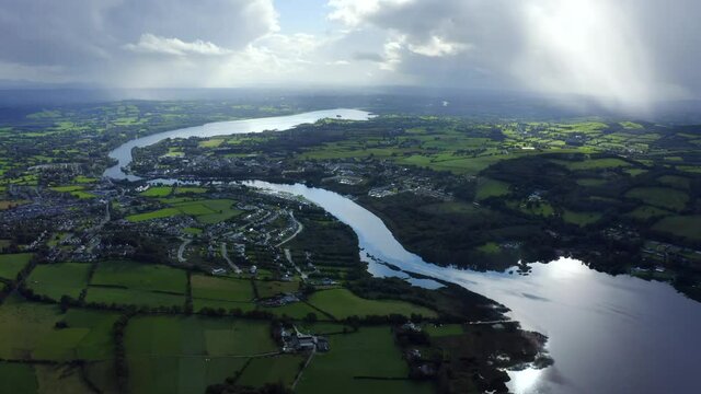 Killaloe, County Clare, Ireland, September 2021. Drone slowly pushes towards the town while looking south from Carrowgar Bay.
