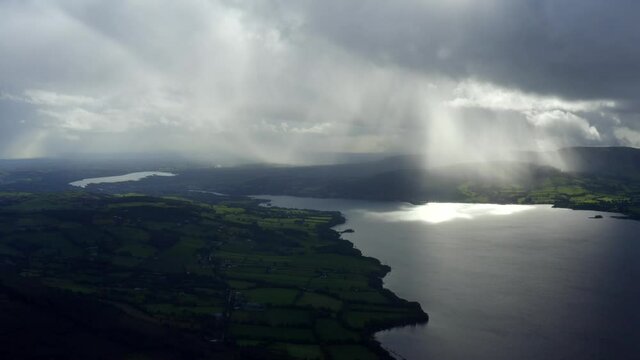 Lough Derg, County Tipperary, Ireland, September 2021. Drone gradually pulls north while parallel with Carrowgar Bay looking south towards Ballina and Killaloe.