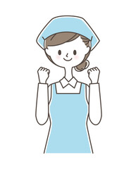 ガッツポーズをする三角巾とエプロンをつけた女性
