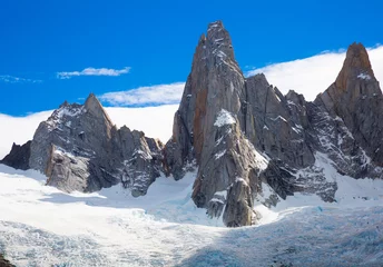 Fotobehang Cerro Chaltén Pittoresk uitzicht op met sneeuw bedekte bergtoppen en gletsjers van Cerro Fitzroy, Cerro Chaltel. Patagonië, Argentinië, Chili, Andes
