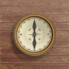 realistic vector illustration compass with wood background